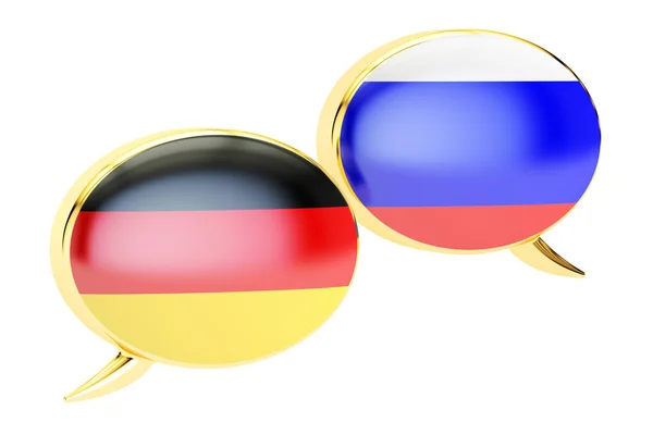 Bolhas de fala, conceito de conversação alemão-russo, renderi 3D — Fotografia de Stock