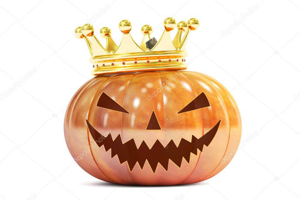 Halloween Pumpkin with Golden Crown, 3D rendering