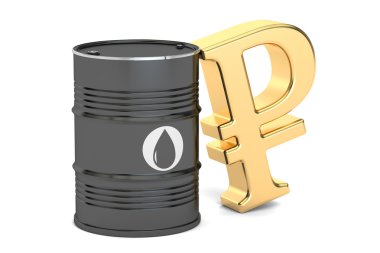 petrol varil ve Rus Rublesi sembolü, 3d render