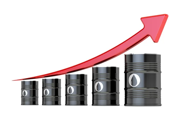 Barril de óleo com seta para cima, renderização 3D — Fotografia de Stock