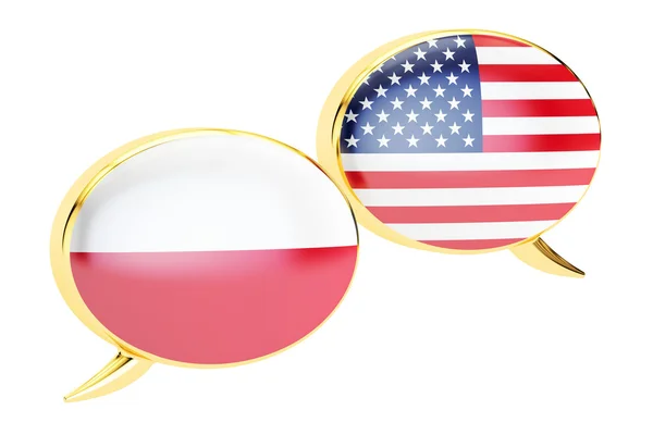 Речевые пузыри, польско-американская концепция перевода. 3D рендери — стоковое фото