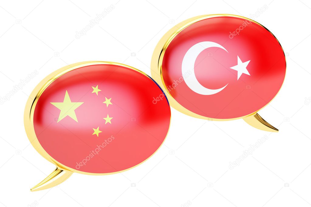 Speech bubbles, Chinese-Turkish conversation concept. 3D renderi