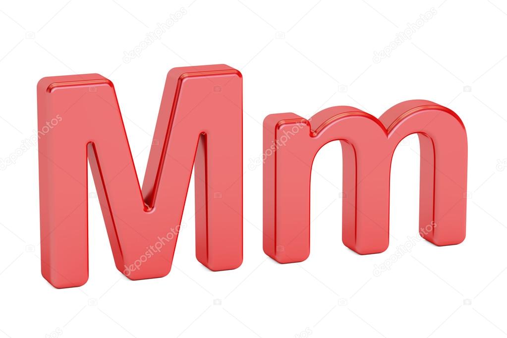 Red letter M alphabet, 3D rendering isolated on white background