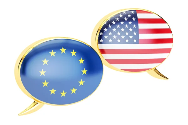Bolhas de fala, conceito de conversação UE-EUA. Renderização 3D — Fotografia de Stock