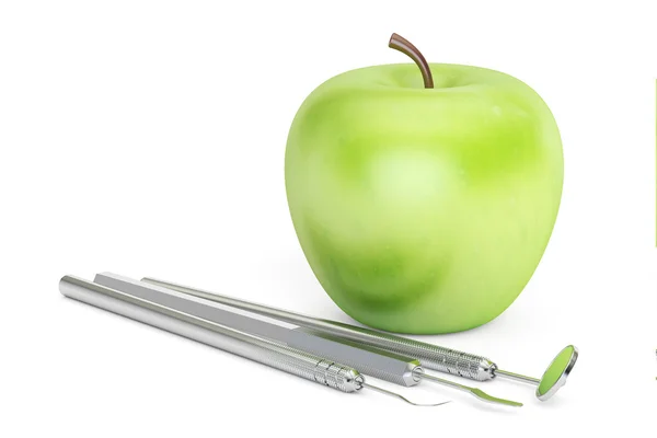 Grüner Apfel und zahnärztliche Werkzeuge, 3D-Rendering — Stockfoto