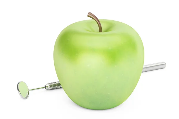 Green apple and dental mirror, 3D rendering — Stock Photo, Image