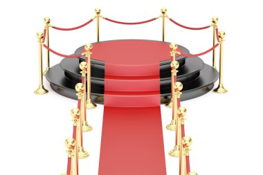 Kırmızı halı ve bariyer halatı ile boş siyah podyum 3d renderin