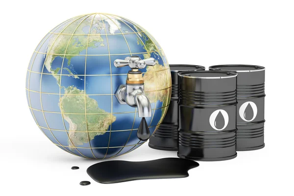 Globo de la Tierra exprimiendo aceite a través de un grifo, representación 3D — Foto de Stock