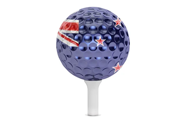 Bola de golfe em um tee com bandeira da Nova Zelândia, renderização 3D — Fotografia de Stock