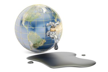 Bir musluk ile dünya küre sıkma petrol, 3d render o izole.