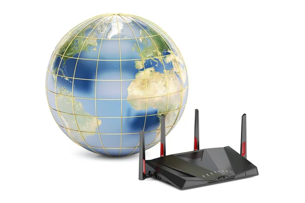 Concepto de conexión de red global, tierra con router moderno . —  Fotos de Stock