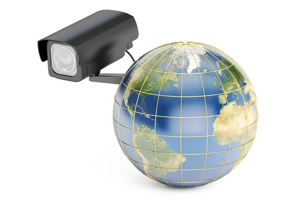 Global security system concept, earth with security camera. 3D r — Stock Photo, Image