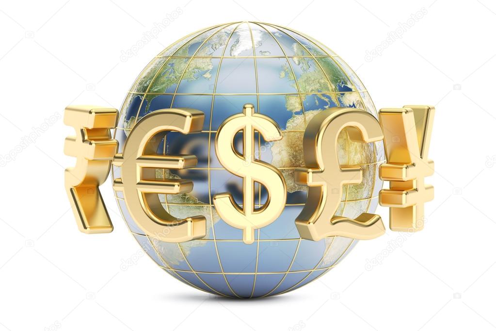Globe with currency symbols, 3D rendering