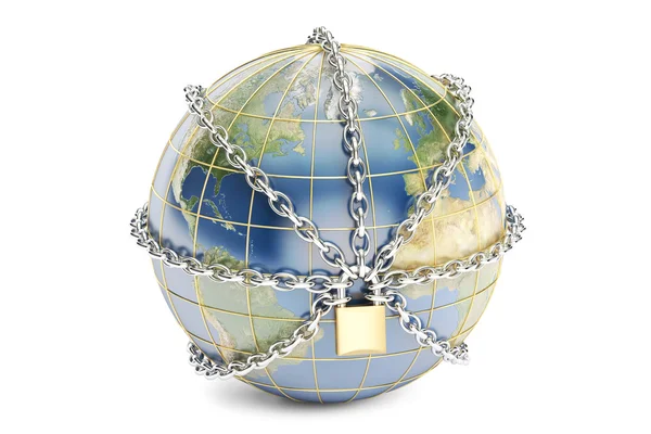 Earth globe close in chain, security concept. 3D rendering — Stock Photo, Image