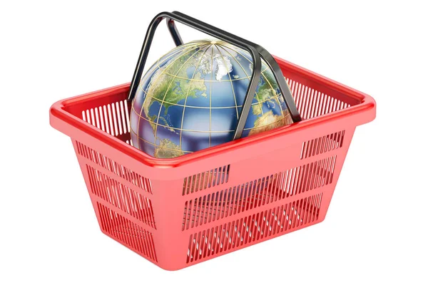 Кошик для покупок з глобусом, концепція глобальних покупок. 3D візуалізація — стокове фото