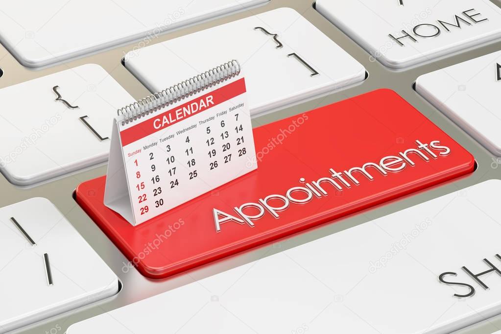Appointments concept with calendar on the keyboard, 3D rendering