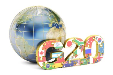 G20 concept with globe, 3D rendering clipart