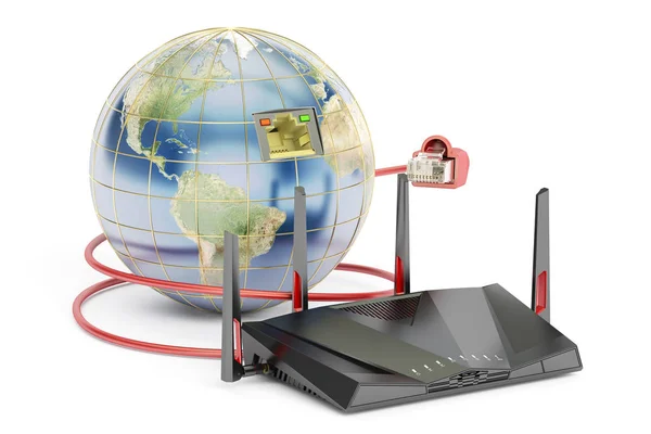 Concepto de conexión de red global, tierra con router. 3D rend —  Fotos de Stock