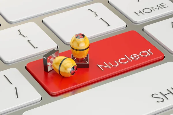 Кнопка атомной бомбы, на клавиатуре компьютера. 3D рендеринг — стоковое фото