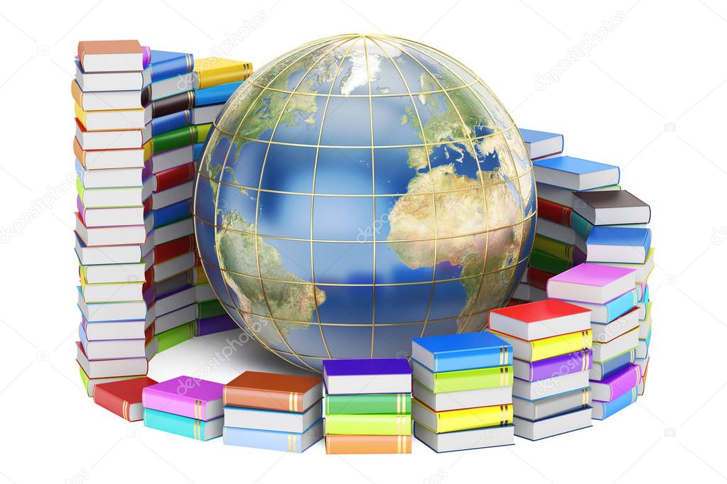 E-learning concept, Books with Globe. 3D rendering 