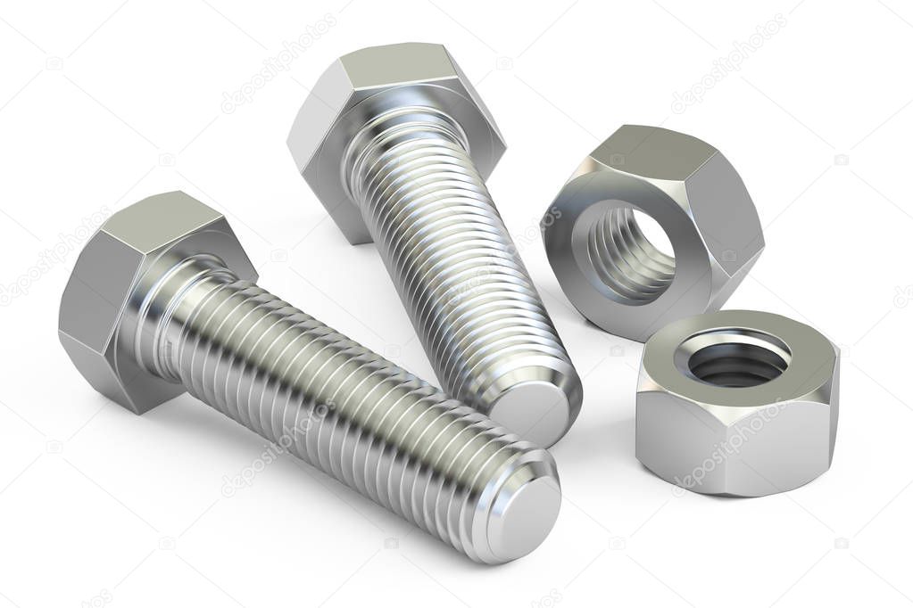 Bolts with nuts closeup, 3D rendering