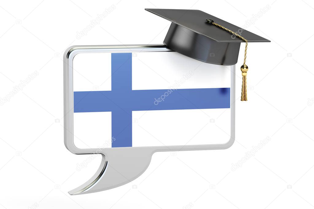 Speech bubble with Finnish flag, learning concept. 3D rendering
