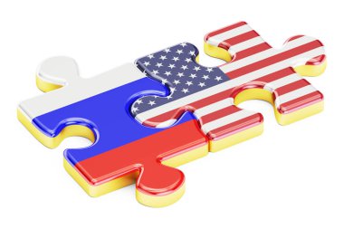 ABD ve Rusya bulmacalar bayraklar, ilişki kavramı. 3D renderin
