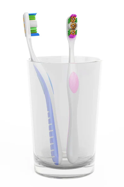 Toothbrushes and dental mouth mirror in glass, 3D rendering — Stock Photo, Image