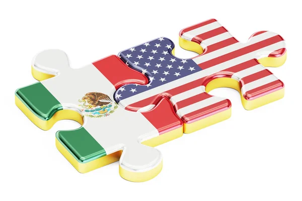 Spojené státy americké a mexické puzzle od vlajky, koncepce vztahu. 3D renderi — Stock fotografie