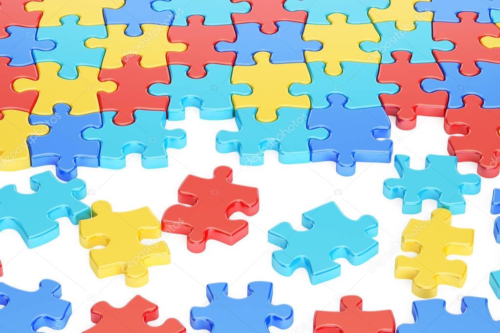 Puzzle Pieces in Autism Awareness Colors, 3D rendering