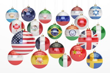 Noel topları ülke bayrakları asılı ile asılı. Yeni yıl ve