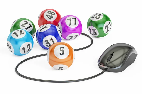 Concepto de bingo, bolas con ratón de computadora, renderizado 3D — Foto de Stock