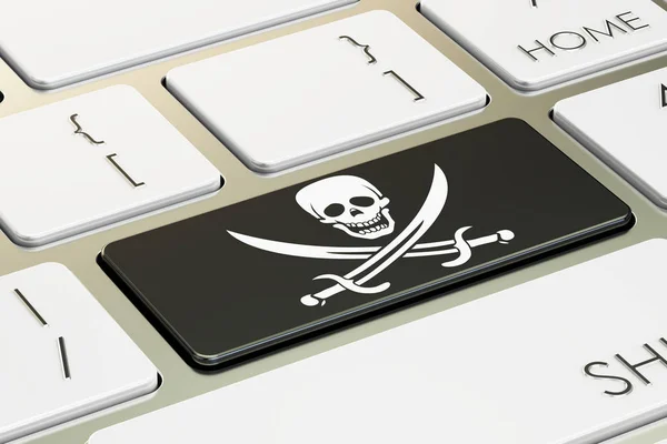 Conceito de pirataria, no teclado do computador. Renderização 3D — Fotografia de Stock