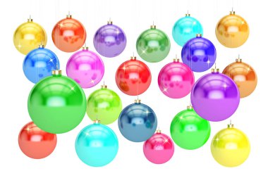 Renkli Noel topları asılı. Yeni yıl ve neşeli Noel kavramı