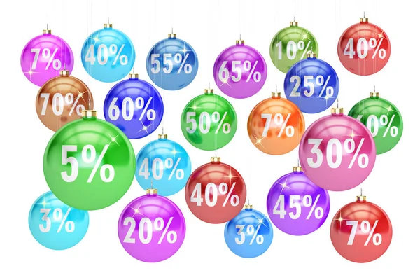 Kerstmis verkoop concept, opknoping Xmas ballen met korting. 3D-ren — Stockfoto