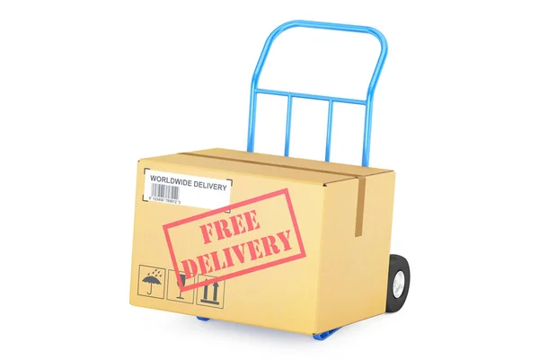 Conceito de entrega gratuita. Caixa de papelão no caminhão de mão, renderização 3D — Fotografia de Stock