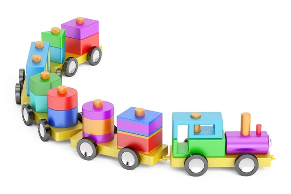 Tren de juguete de madera con bloques de colores, renderizado 3D —  Fotos de Stock