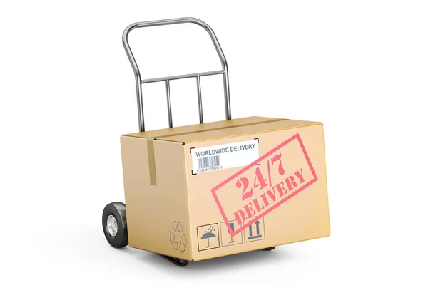 Conceito de entrega 24 / 7. Caixa de papelão no caminhão de mão, renderização 3D — Fotografia de Stock
