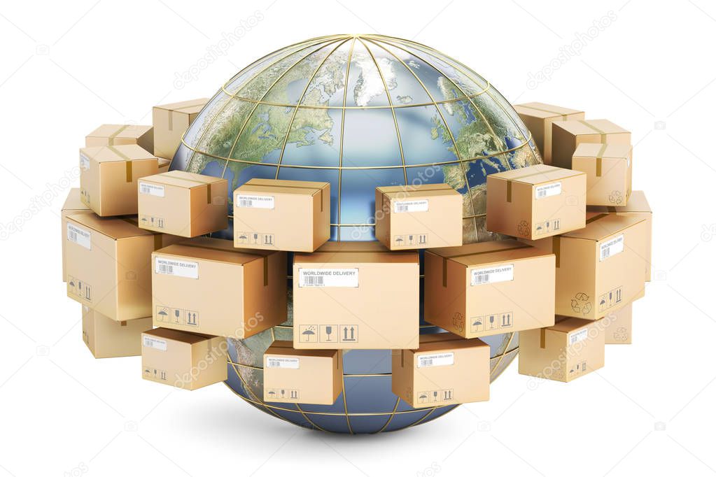 Global shipping and delivery concept, parcels cardboard boxes around the Earth. 3D rendering isolated on white background