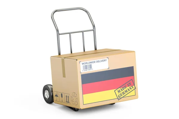 Made in Germany concept. Cardboard Box on Hand Truck, 3D renderi — Stock Photo, Image