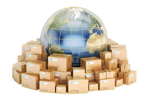 Concetto globale di spedizione e consegna, pacchi scatole di cartone wi — Foto Stock