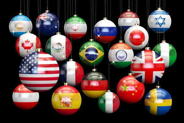 Висячі різдвяні кульки з прапорами країни. Новий рік і веселий X — стокове фото