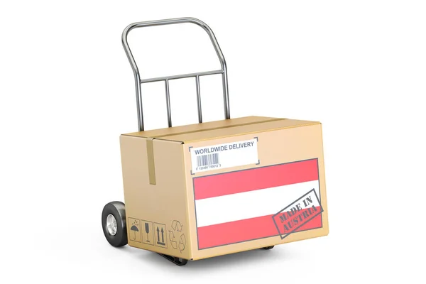 Made in Austria concept. Cardboard Box on Hand Truck, 3D renderi — Stock Photo, Image