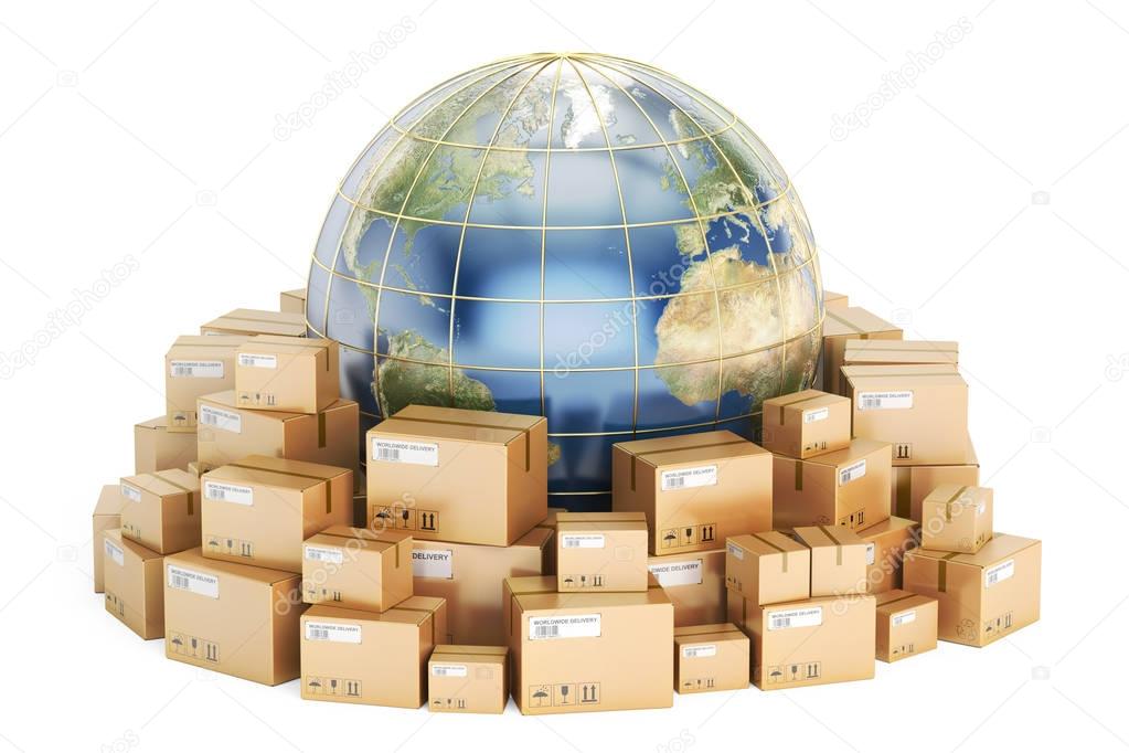 Global shipping and delivery concept, parcels cardboard boxes with Earth. 3D rendering isolated on white background
