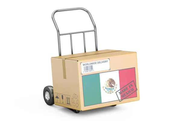 Concepto Made in México. Caja de cartón en camión de mano, renderina 3D —  Fotos de Stock