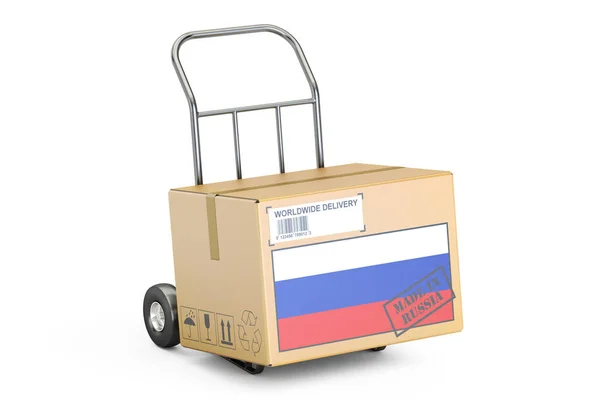 Концепция Made in Russia. Картонная коробка на ручной тележке, 3D рендерин — стоковое фото