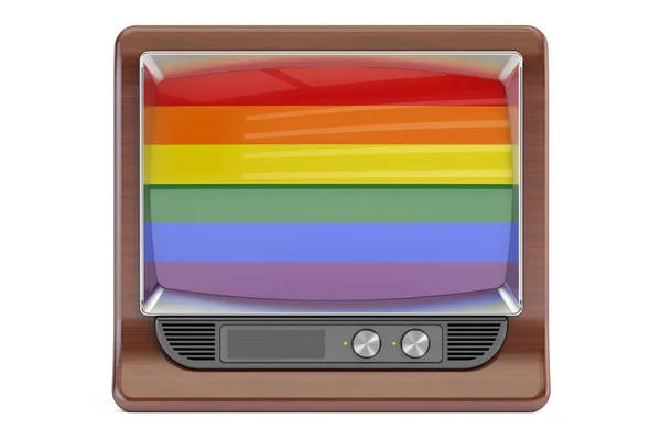 Старий телевізор з екраном гей прапора, 3D візуалізація — стокове фото