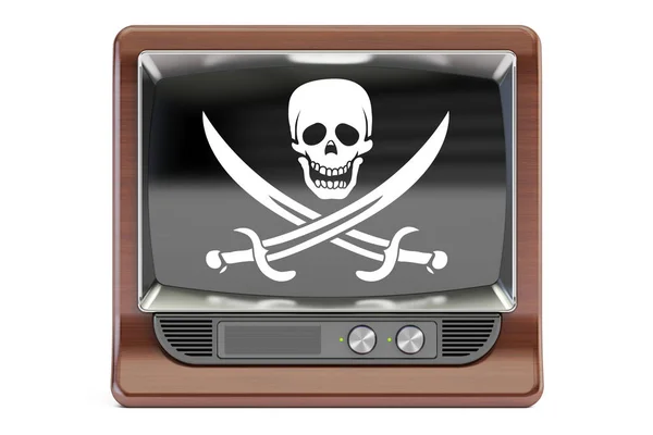 著作権侵害の概念 3 d レンダリング海賊旗のテレビセット — ストック写真