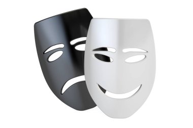 Trajikomik Tiyatro maskeleri. Sad ve gülümseme kavramı, 3d render