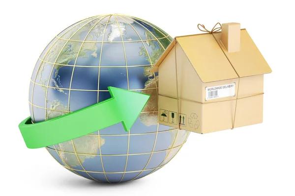 Servizi internazionali di trasloco di famiglie, concetto mondiale. 3D r — Foto Stock